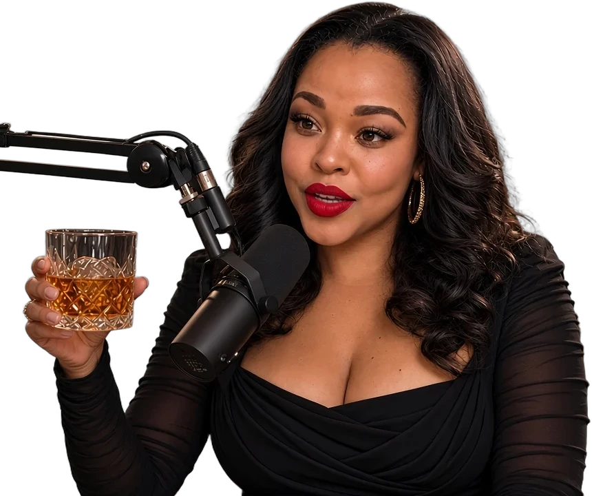 Leah Lynnette at the mic with a glass of whiskey, host of Sex. Love. Whiskey. podcast